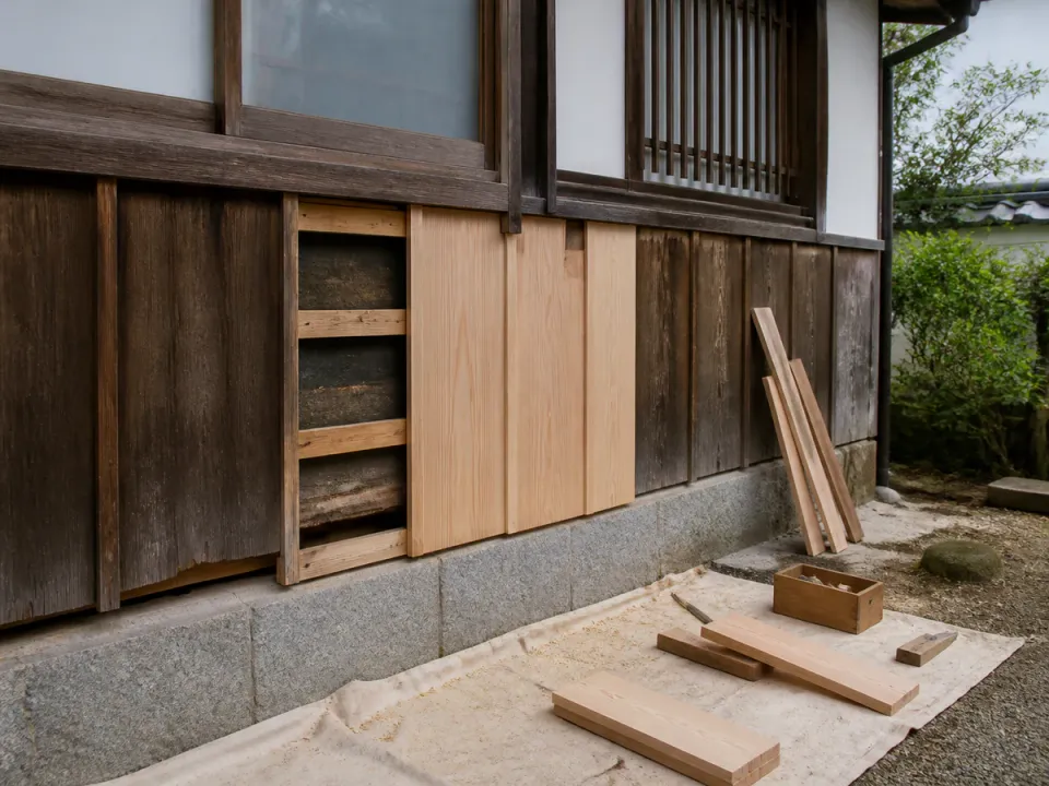 施工イメージ（生成画像）：古い木造住宅の外壁板を部分補修している様子